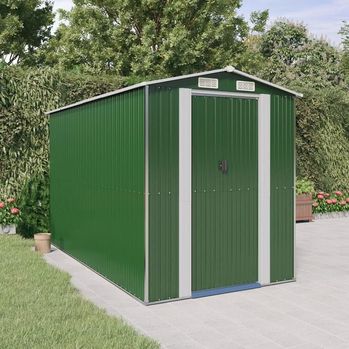 Gerätehaus Xichuzi, 192x357x223 cm, Verzinkter Stahl, Grün, Geräteschuppen, Fahrradgarage, Gartenhütte, Fahrradunterstand