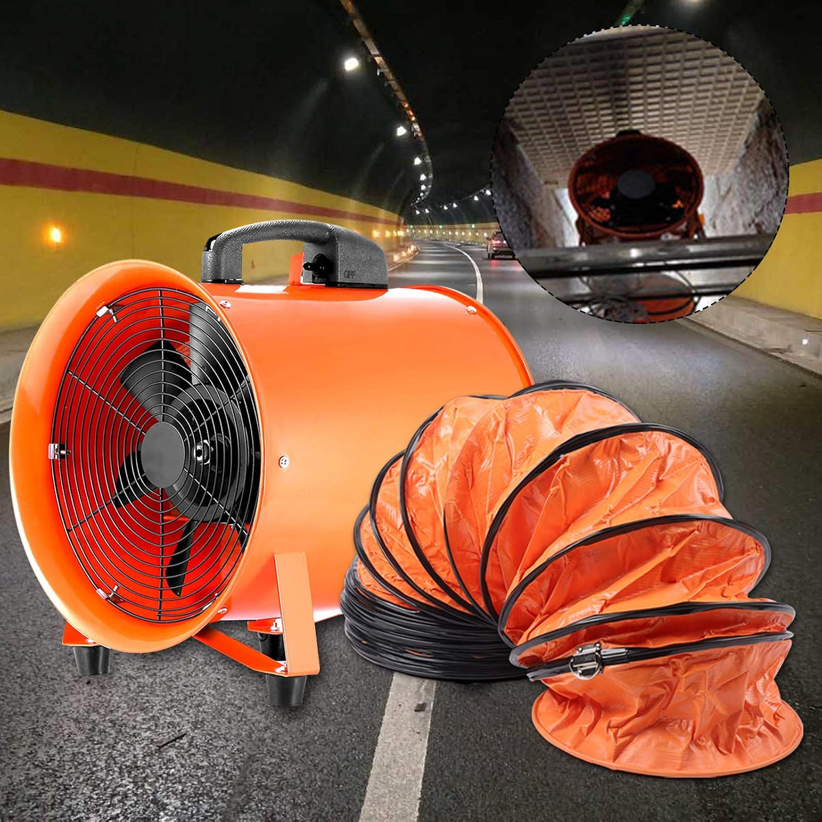 Mudshape Lüftungsanlage, 250 mm, 10m, Orange/Schwarz, Futchoy Gebläse Bauventilator Ventilator Baugebläse, Keller