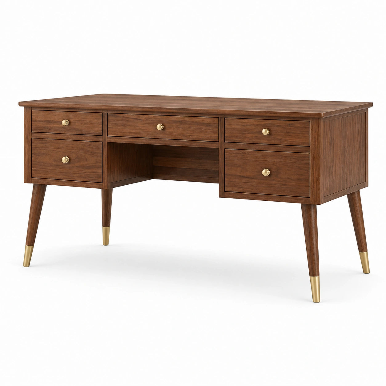 Schreibtisch in Braun und Goldfarben, 140 × 60 × 76 cm, mit 5 Schubladen