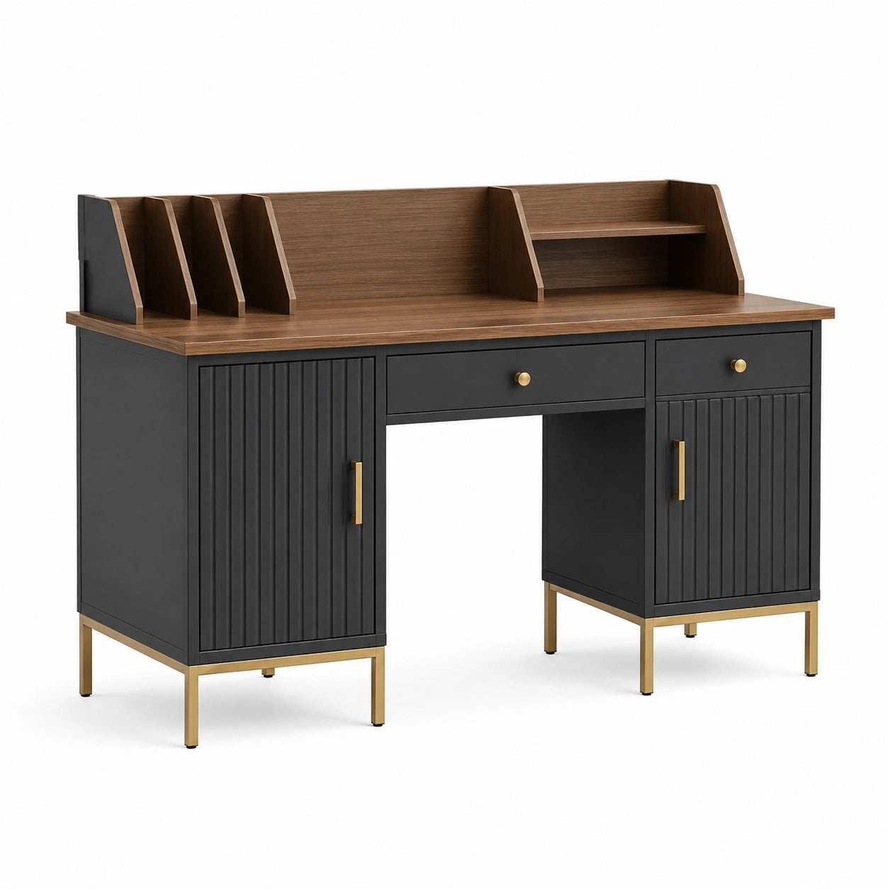 Schreibtisch mit Aufsatz, 120 × 60 × 115 cm, Holzwerkstoff und Metall, Schwarz/Braun/Gold
