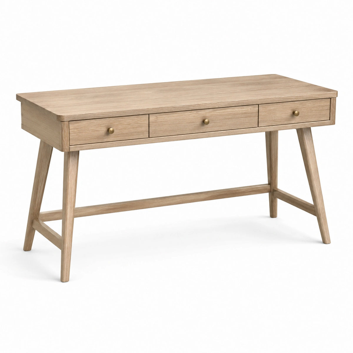 Schreibtisch in Natur mit messingfarbenen Griffen und 3 Schubladen, 120 × 55 × 76 cm