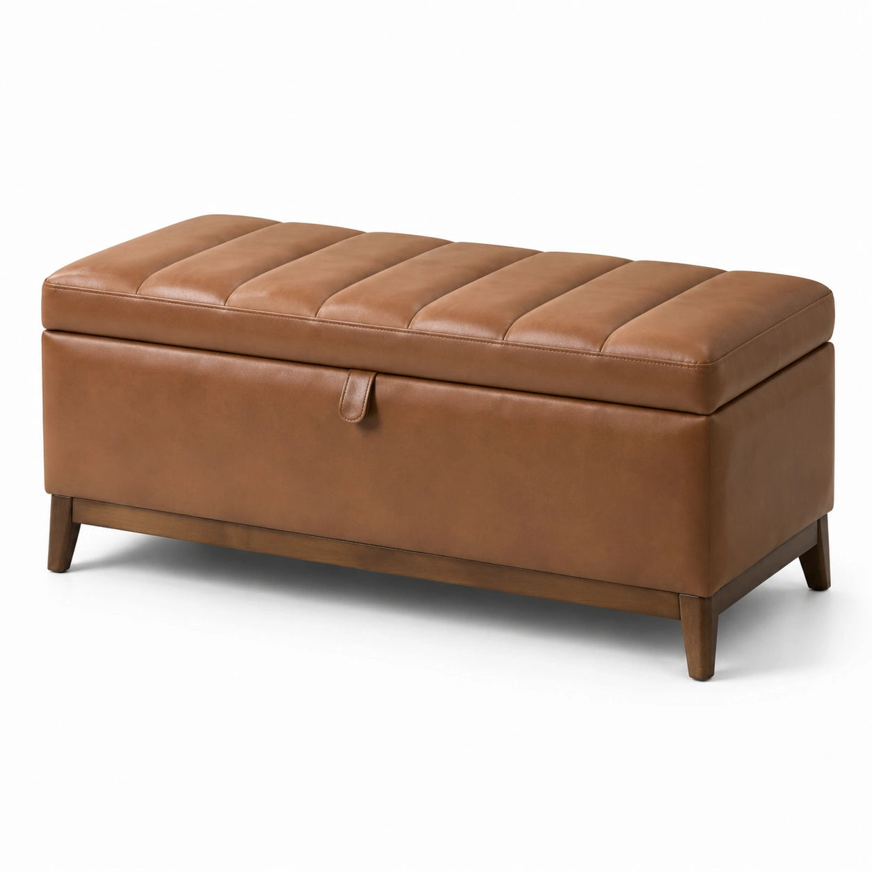 Gepolsterte Sitzbank mit Stauraum, 120 x 45 x 49 cm, Cognacbraun mit dunkelbraunen Holzfüßen