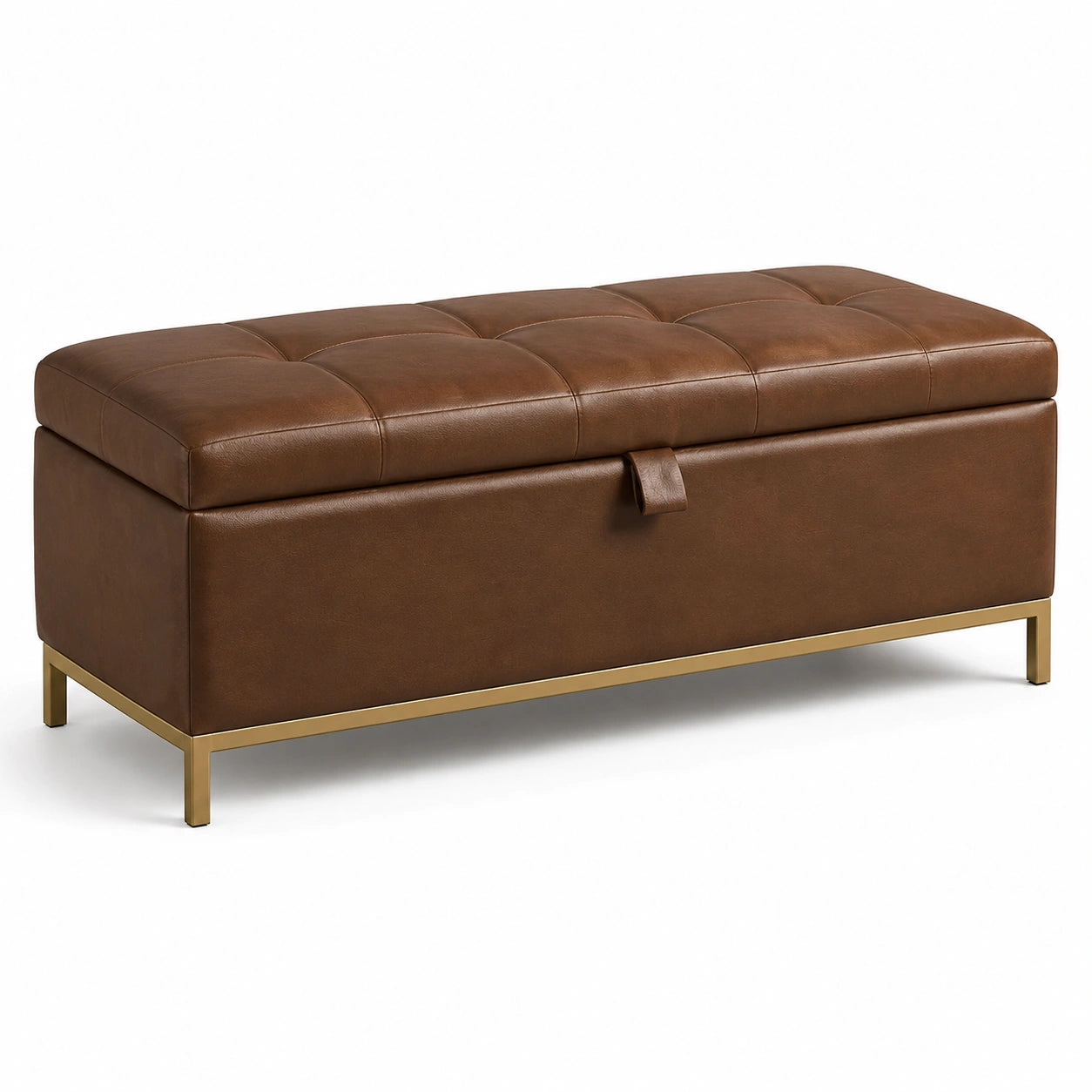 Gepolsterte Sitzbank mit Stauraum, 110 × 40 × 45 cm, braunes Kunstleder, goldfarbenes Metallgestell