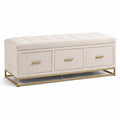 Sitzbank mit Stauraum und 3 Schubladen, 147 × 45 × 52 cm, Cordbezug in Creme, Metallgestell in Gold
