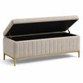 Gepolsterte Sitzbank mit Stauraum und Klappdeckel, 120 × 45 × 45 cm, Bouclé in Beige mit goldfarbenem Metallgestell