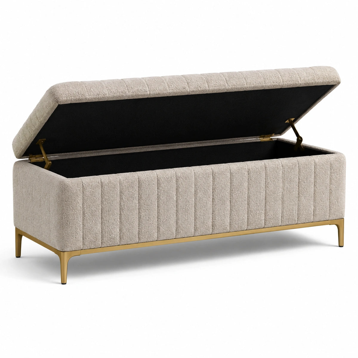 Gepolsterte Sitzbank mit Stauraum und Klappdeckel, 120 × 45 × 45 cm, Bouclé in Beige mit goldfarbenem Metallgestell