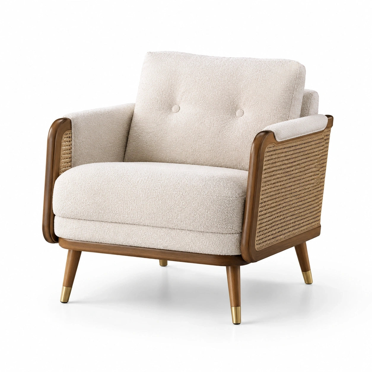 Retro-Sessel mit Bouclébezug, Holzrahmen und Rattangeflecht, Creme/Braun/Goldfarben, 83 × 79 × 82 cm