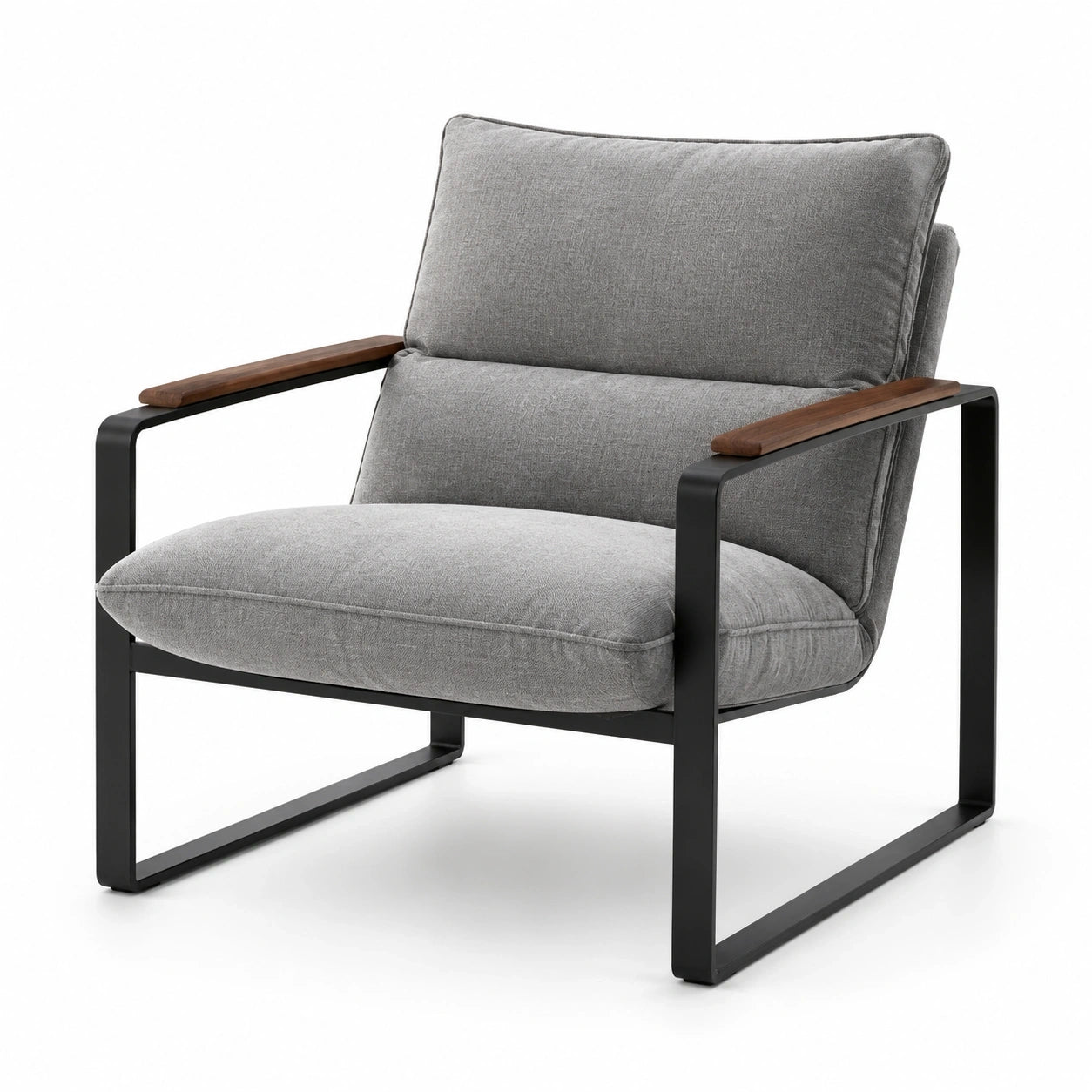 Gepolsterter Sessel in Grau, 76 × 82 × 84 cm, mit schwarzem Stahlgestell und braunen Holzarmlehnen