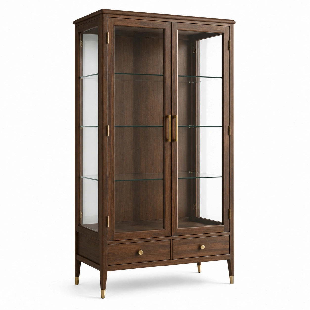 Klassische Vitrine mit 2 Glastüren und 2 Schubladen, Dunkelbraun/Gold/Transparent, 100 × 42 × 190 cm