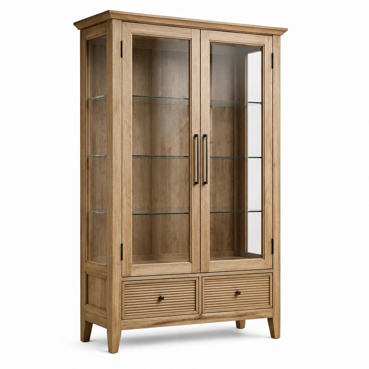 Vitrinenschrank im Landhausstil, Natur, 110 × 40 × 190 cm, mit Glasfront, 3 Einlegeböden und 2 Schubladen