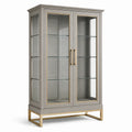 Moderner Vitrinenschrank mit 2 Glastüren und 3 Glasböden, Grau/Gold/Transparent, 105 × 42 × 180 cm