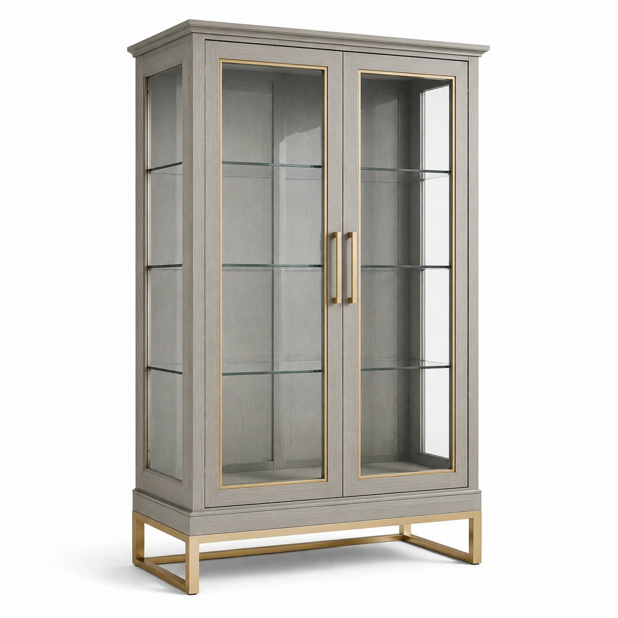 Moderner Vitrinenschrank mit 2 Glastüren und 3 Glasböden, Grau/Gold/Transparent, 105 × 42 × 180 cm