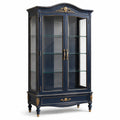 Klassischer Vitrinenschrank aus Holzwerkstoff und Glas, Dunkelblau/Goldfarben/Transparent, 110 × 45 × 200 cm, 2 Türen, 3 Glasböden und 1 Schublade