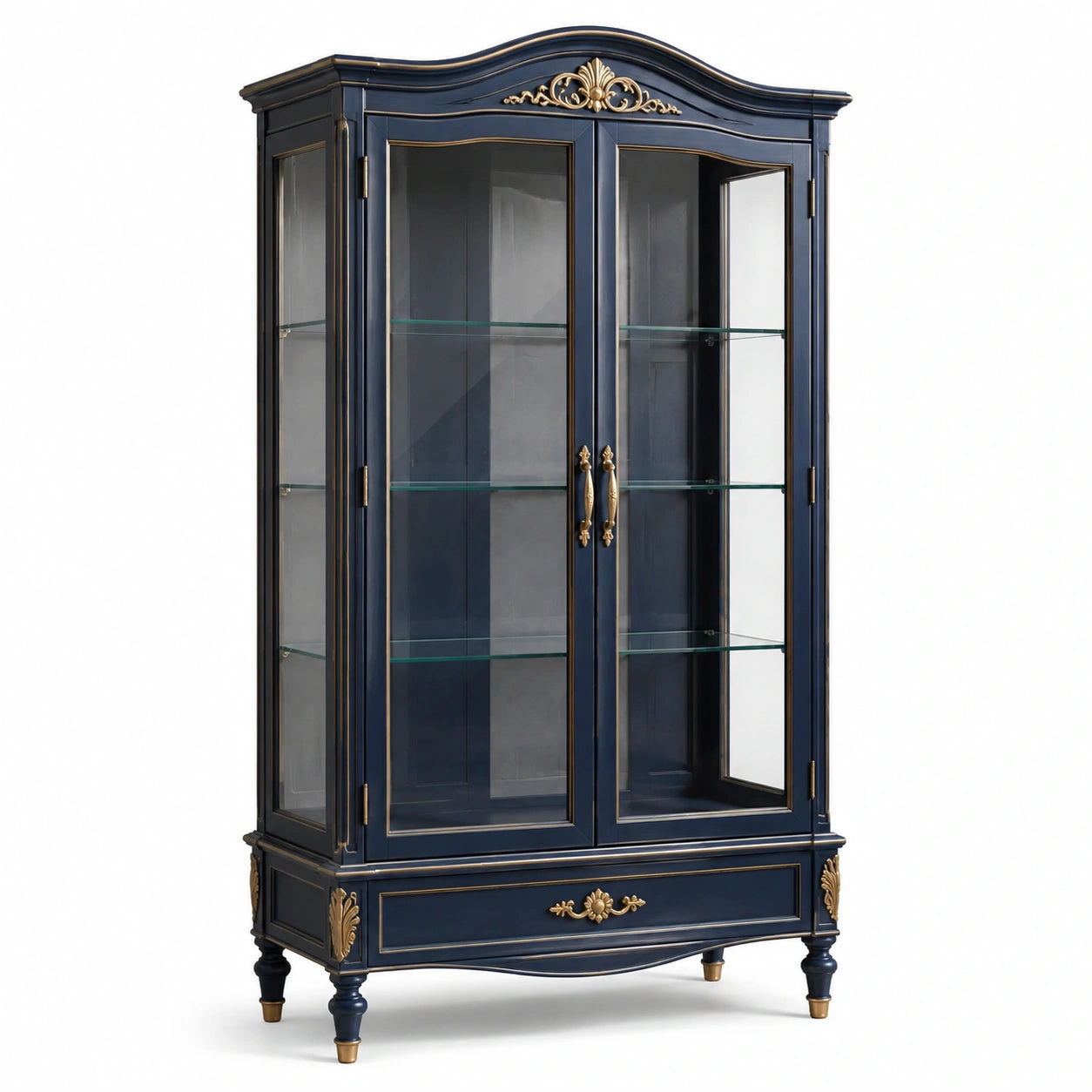Klassischer Vitrinenschrank aus Holzwerkstoff und Glas, Dunkelblau/Goldfarben/Transparent, 110 × 45 × 200 cm, 2 Türen, 3 Glasböden und 1 Schublade