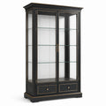 Vitrinenschrank mit 2 Glastüren, 3 Glasböden und 2 Schubladen, Schwarz/Goldfarben/Transparent, 110 × 45 × 200 cm