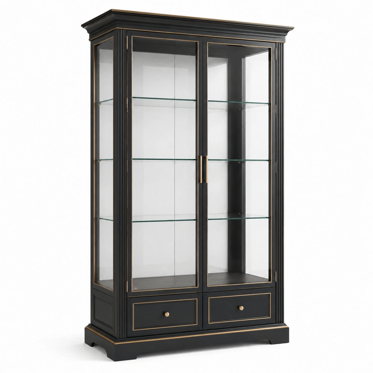 Vitrinenschrank mit 2 Glastüren, 3 Glasböden und 2 Schubladen, Schwarz/Goldfarben/Transparent, 110 × 45 × 200 cm