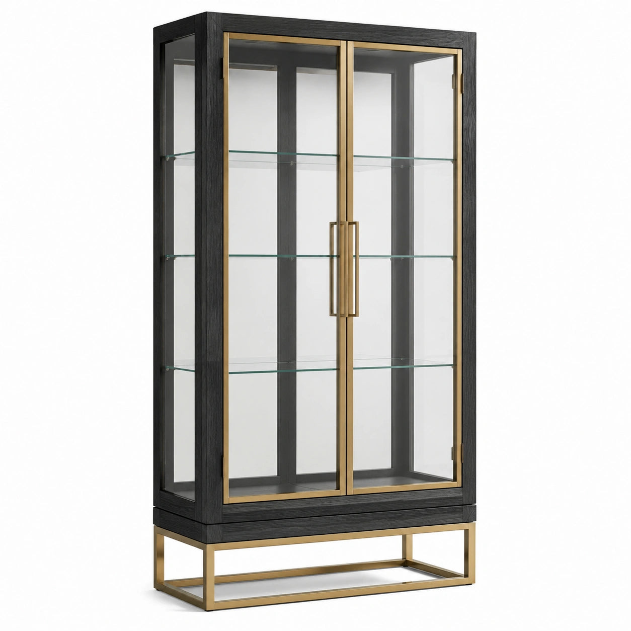 Moderne Glasvitrine mit 2 Türen und 3 Glasböden, Schwarz/Gold, 100 × 40 × 190 cm