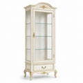 Klassischer Vitrinenschrank mit Schublade und 3 Glasböden, 80 × 45 × 190 cm, Cremeweiß/Gold/Transparent