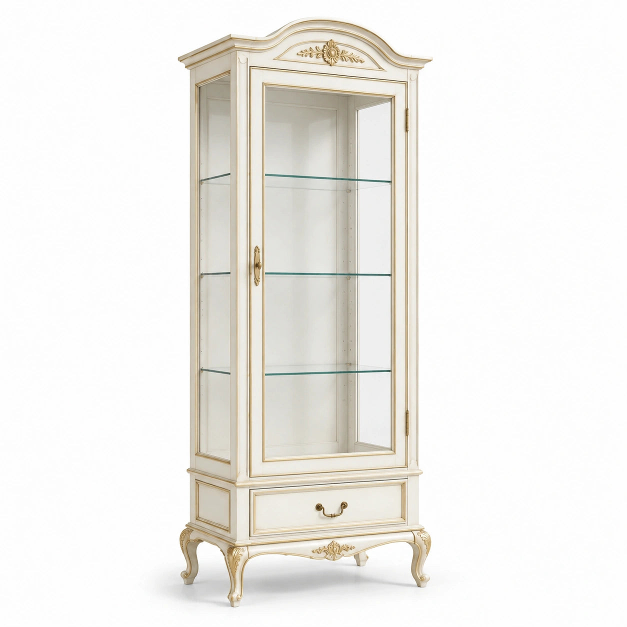 Klassischer Vitrinenschrank mit Schublade und 3 Glasböden, 80 × 45 × 190 cm, Cremeweiß/Gold/Transparent