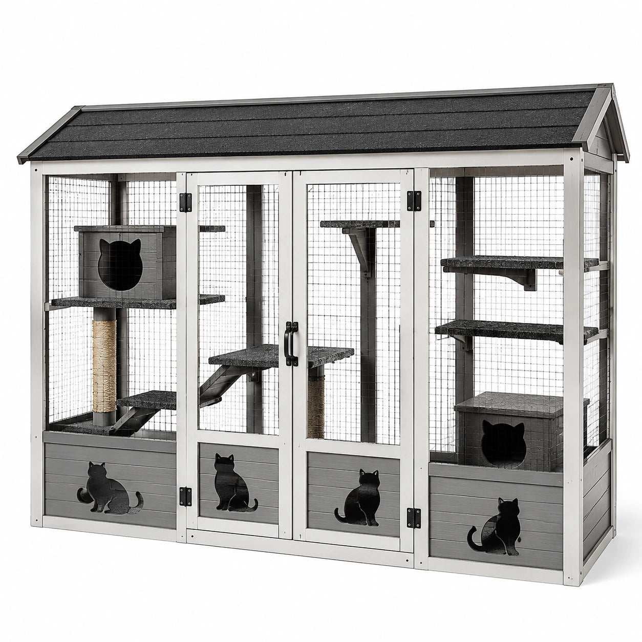 Katzengehege aus Holz und Metall, 220 × 82 × 170 cm, Grau/Weiß/Schwarz/Naturfarben, mit Dach, Kletterplattformen und Katzenhäusern