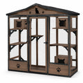 Katzengehege aus Holz und Metalldrahtgitter mit Dach, Plattformen und Rückzugsbereichen, Braun/Schwarz, 180 × 100 × 190 cm