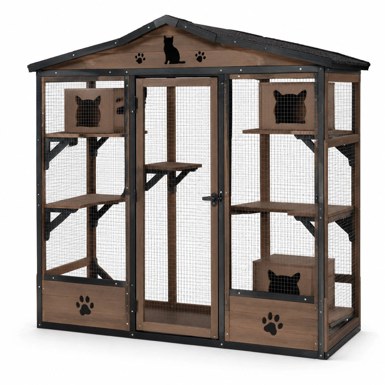 Katzengehege aus Holz und Metalldrahtgitter mit Dach, Plattformen und Rückzugsbereichen, Braun/Schwarz, 180 × 100 × 190 cm