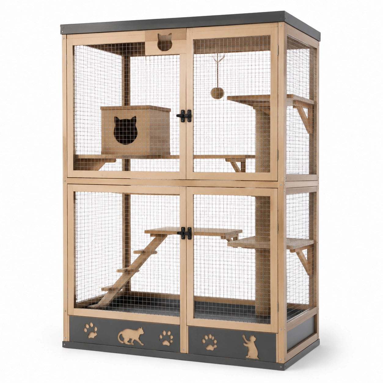 Katzengehege aus Holz und Metall mit Rückzugsbox, 101 × 76 × 180 cm, Natur/Anthrazit