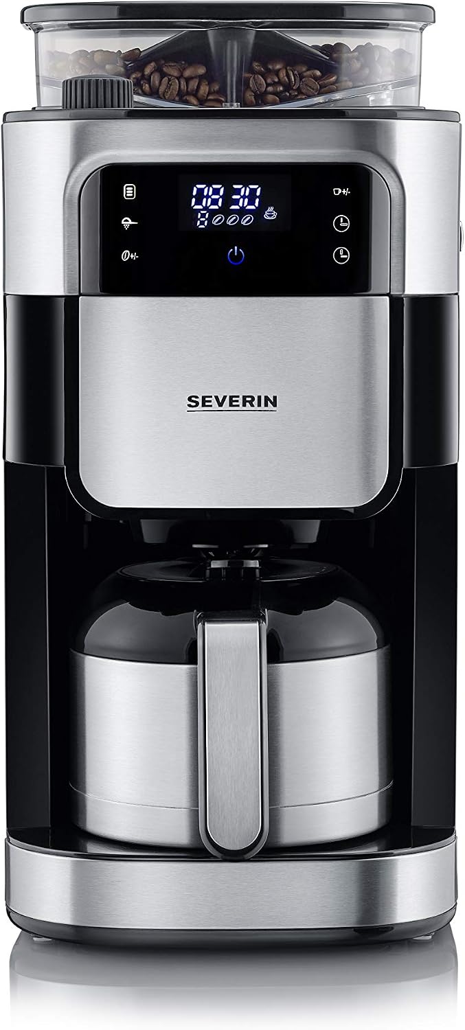 SEVERIN Kaffeemaschine, 1 Liter, 1000 W, Schwarz, Filter mit Edelstahl-Mahlwerk und Thermokanne, feinste Mahlung und individuell auswählbarer Mahlgrad