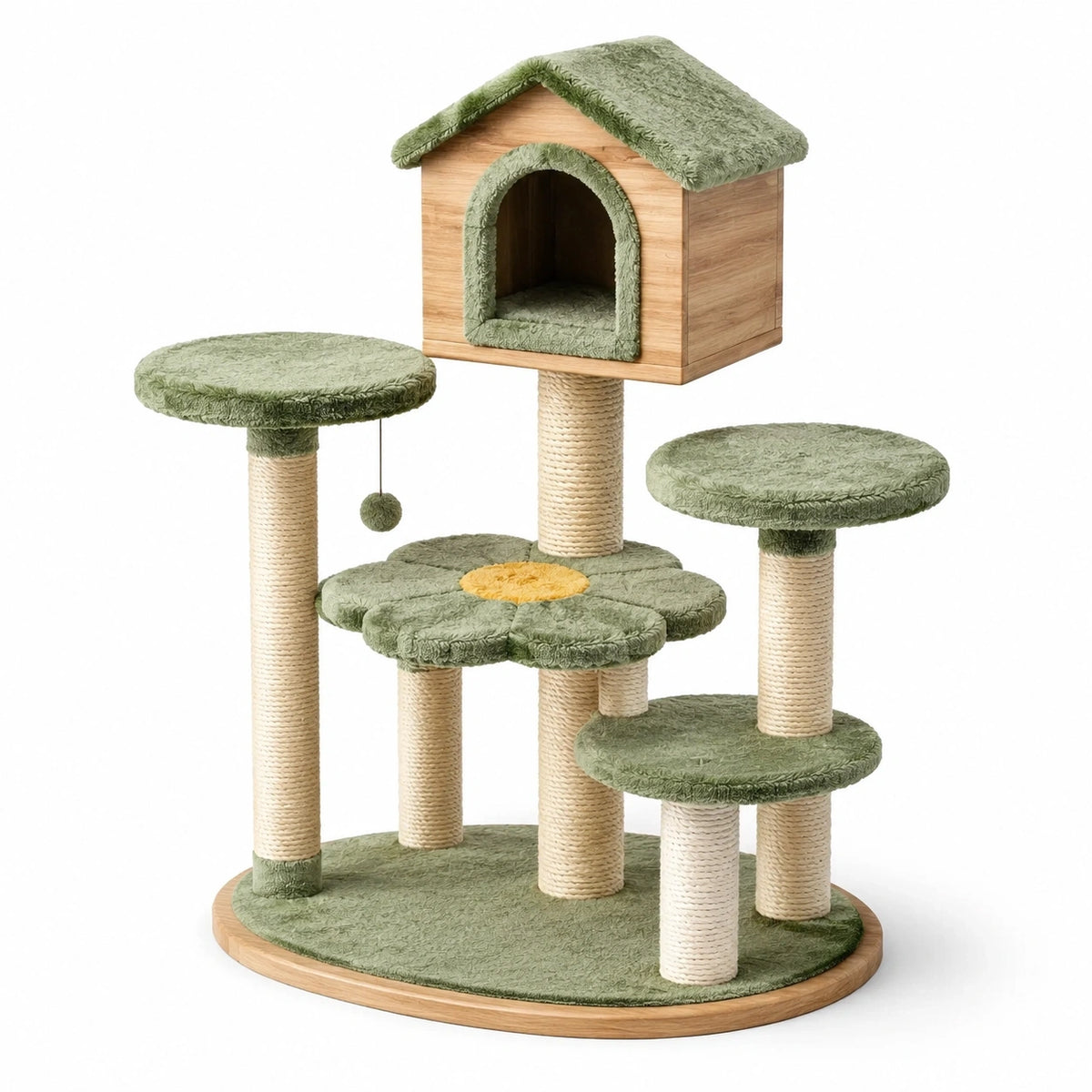 Kratzbaum 120 × 60 × 150 cm in Grün, Natur und Beige mit Katzenhaus, Liegeflächen und Sisalsäulen