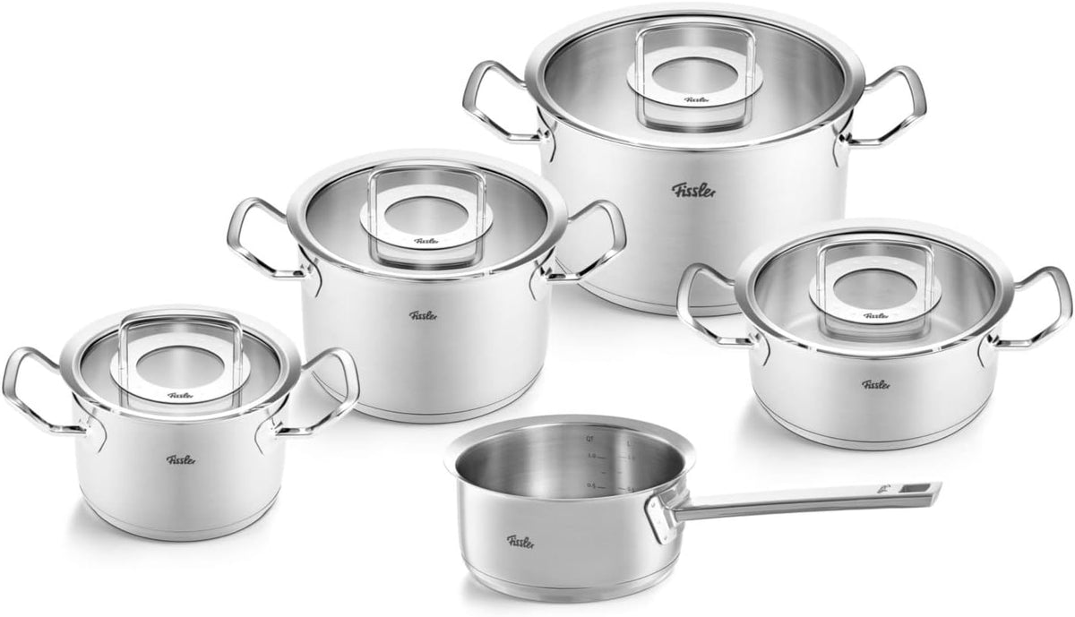 Fissler Original-Profi Collection/Edelstahl-Kochtopfset, 5-teilig, Töpfe mit Metall-Deckel (3 Kochtöpfe,1 Bratentopf 1 Stielkasserolle-deckellos)
