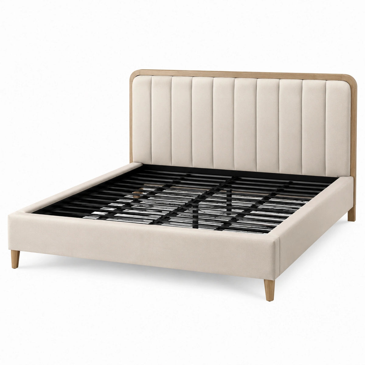Polsterbett 160 × 200 cm, Beige und Hellbraun, gepolstertes Kopfteil, Metall-Lattenrost