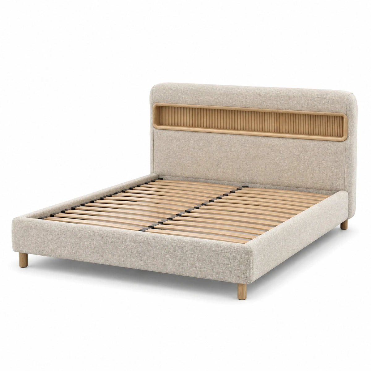 Modernes Polsterbett 180 × 200 cm in Beige/Natur mit hohem Kopfteil und Holzlattenrost