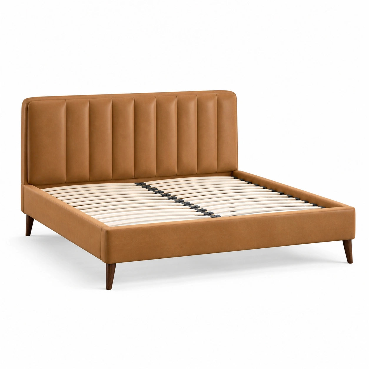Modernes Polsterbett 160 × 200 cm in Cognacbraun/Dunkelbraun mit Lattenrost und gepolstertem Kopfteil, Gesamtmaß 217 × 174 × 108 cm