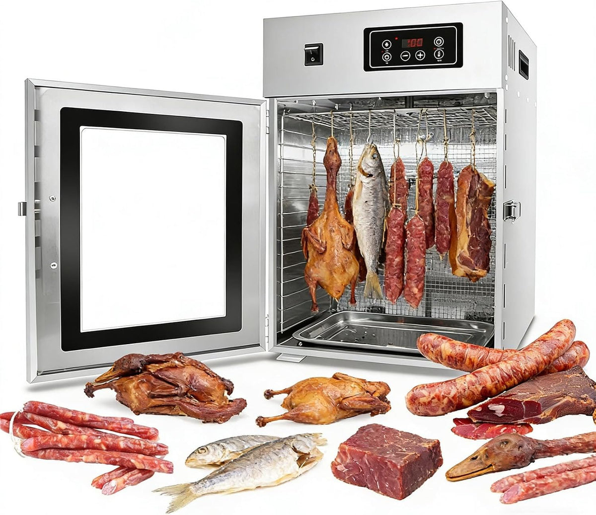 menglanchang Dörrautomaten, 14 Haken (bis zu 7,5 kg pro Durchgang), 800 W, Lebensmittelechter Edelstahl, Silber