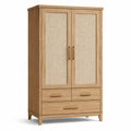 Kleiderschrank mit Geflechteinsätzen, 2 Türen und 3 Schubladen, 100 × 50 × 180 cm, Naturholz/Beige/Gold