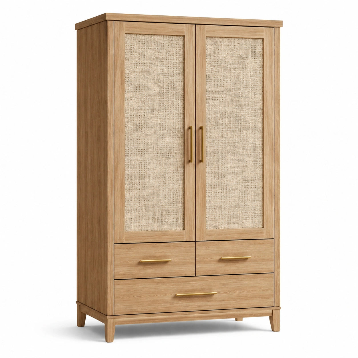 Kleiderschrank mit Geflechteinsätzen, 2 Türen und 3 Schubladen, 100 × 50 × 180 cm, Naturholz/Beige/Gold