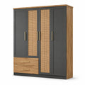 Kleiderschrank aus Holzwerkstoff mit Rattangeflecht, Anthrazit/Eiche/Gold, 160 × 52 × 200 cm, 4 Türen und 2 Schubladen