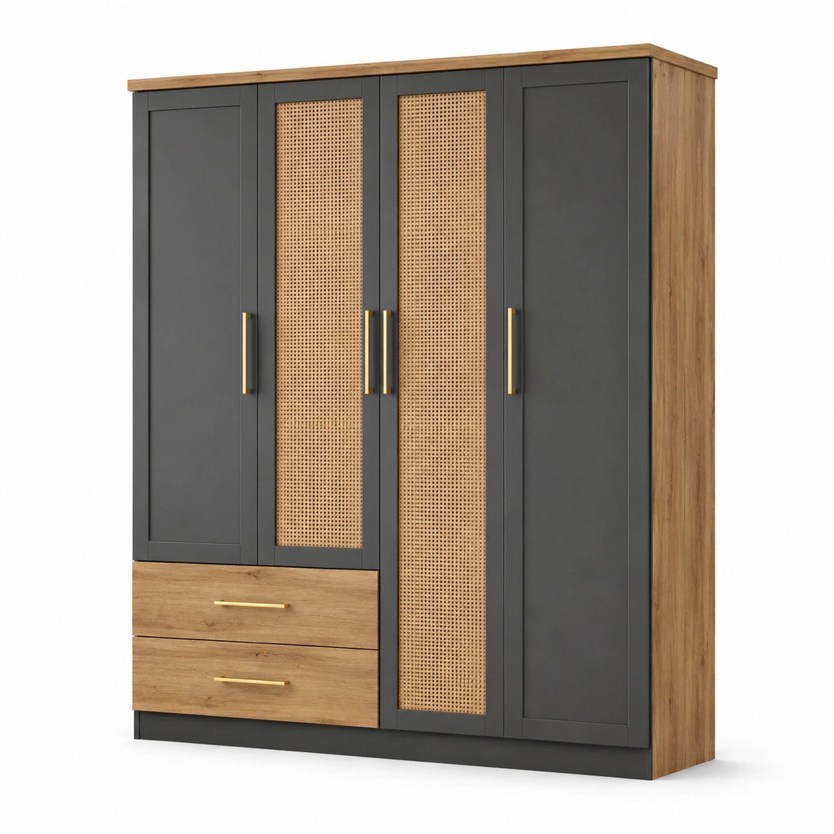 Kleiderschrank aus Holzwerkstoff mit Rattangeflecht, Anthrazit/Eiche/Gold, 160 × 52 × 200 cm, 4 Türen und 2 Schubladen