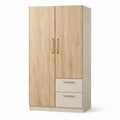 Mehrzweckschrank aus Holzwerkstoff, 100 × 50 × 180 cm, Eiche hell und Beige, goldfarbene Griffe, 2 Türen und 2 Schubladen