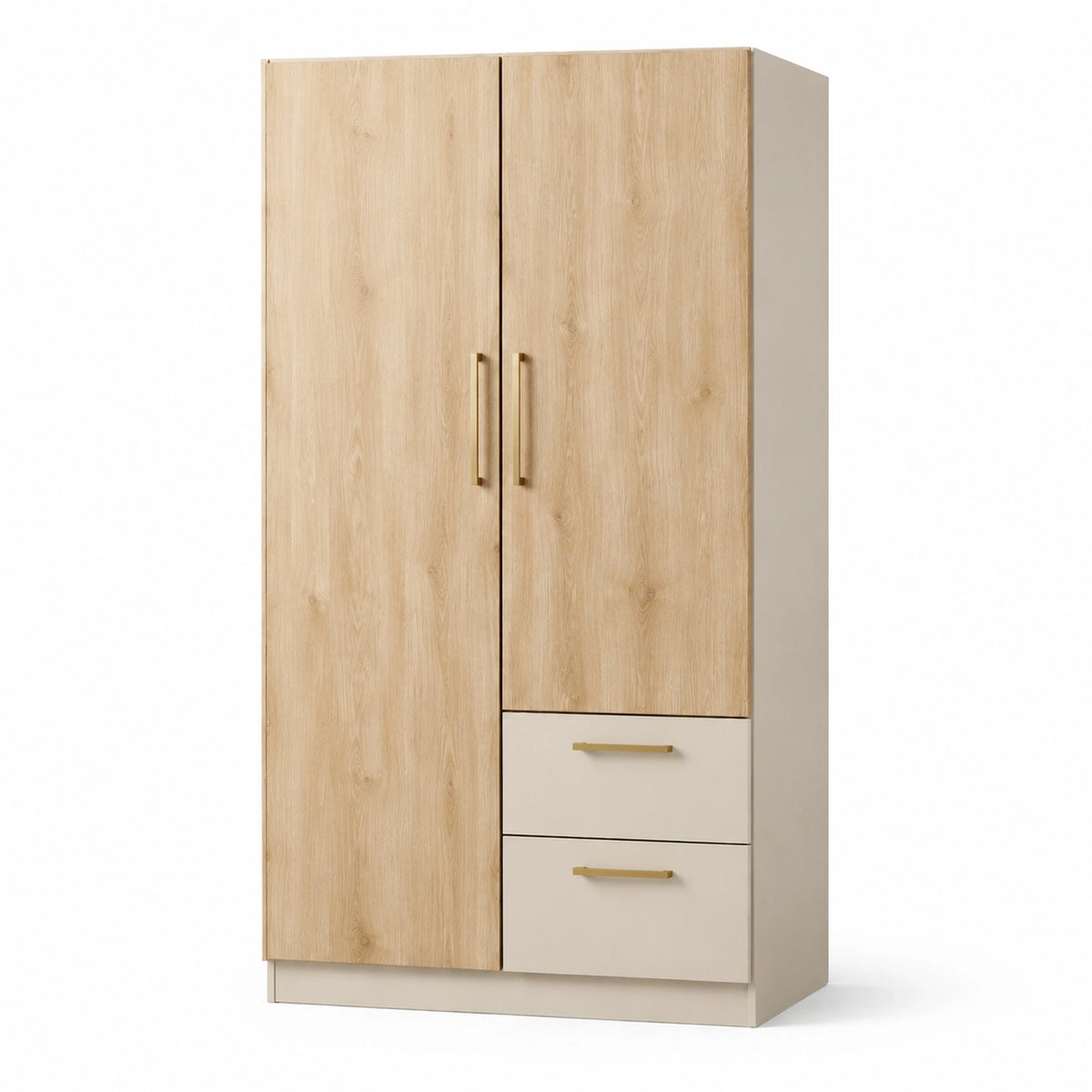 Mehrzweckschrank aus Holzwerkstoff, 100 × 50 × 180 cm, Eiche hell und Beige, goldfarbene Griffe, 2 Türen und 2 Schubladen
