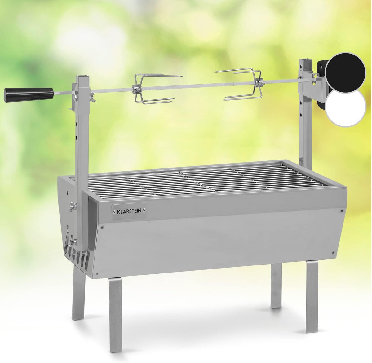 Klarstein Holzkohlegrill, Grau, 2-in-1 Rotisserie Grill mit Motor, Mini-Grill mit Drehspieß, Elektrischer Spießgrill für Hähnchen & Spanferkel
