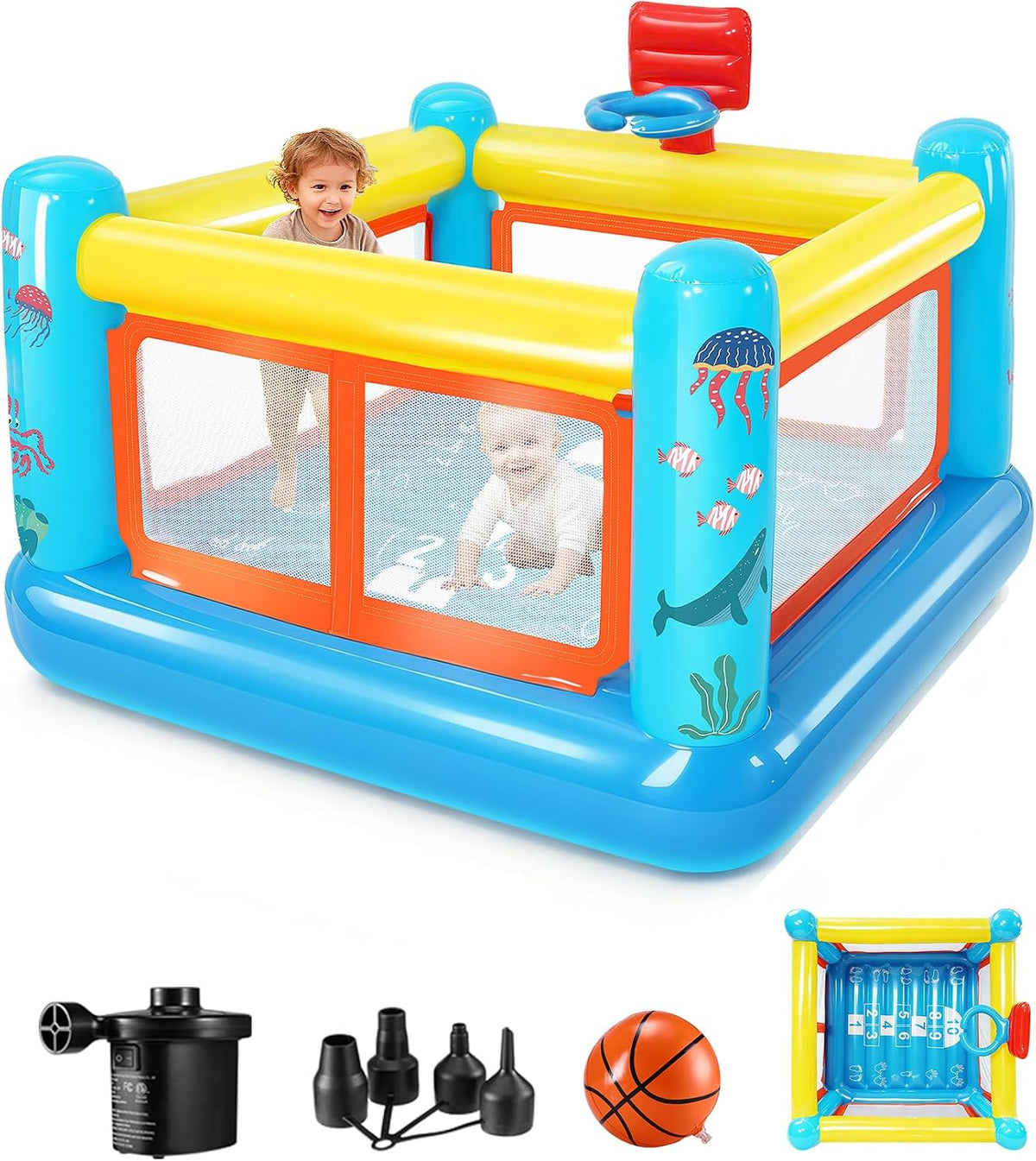 AKEYDIY Hüpfburgen, Blau/Gelb/Rot/Orange, Aufblasbare Hüpfburg für Kinder von 3, 6 Jahren, kleines PVC-Hüpfburg-Spielhaus mit Hüpfkissen
