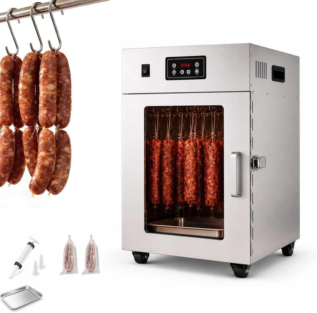 aallwwsso Dörrautomaten, Silber, Edelstahl-Fleischtrockner Mit Led-Panel, Timer Und 14 Haken Withoutgrid