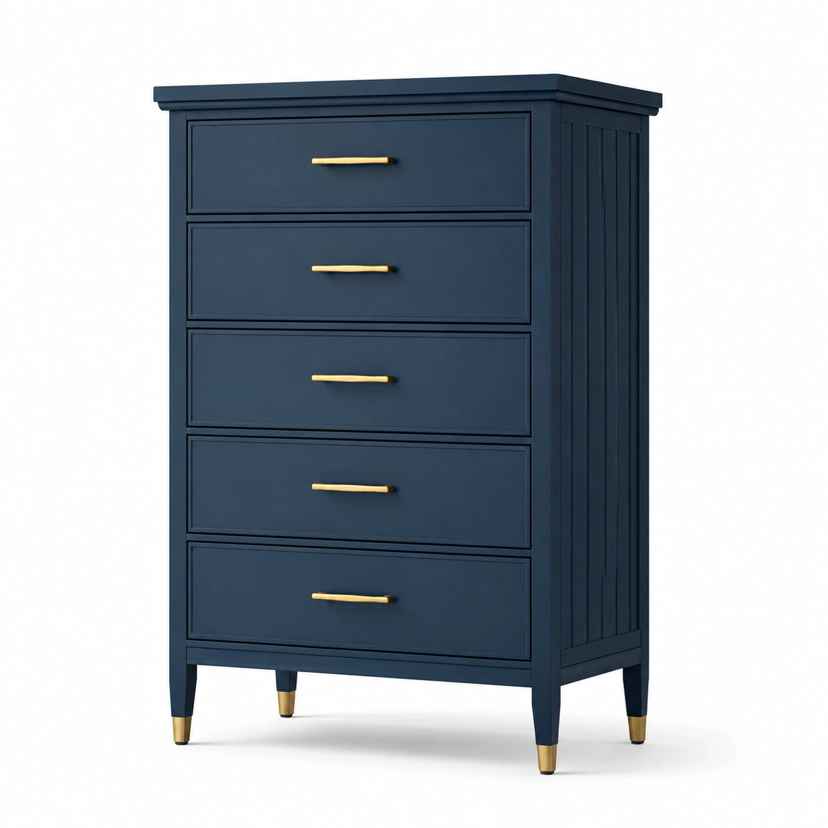 Hohe Schubladenkommode mit 5 Schubladen, 75 × 45 × 125 cm, Dunkelblau/Gold, moderner Landhausstil