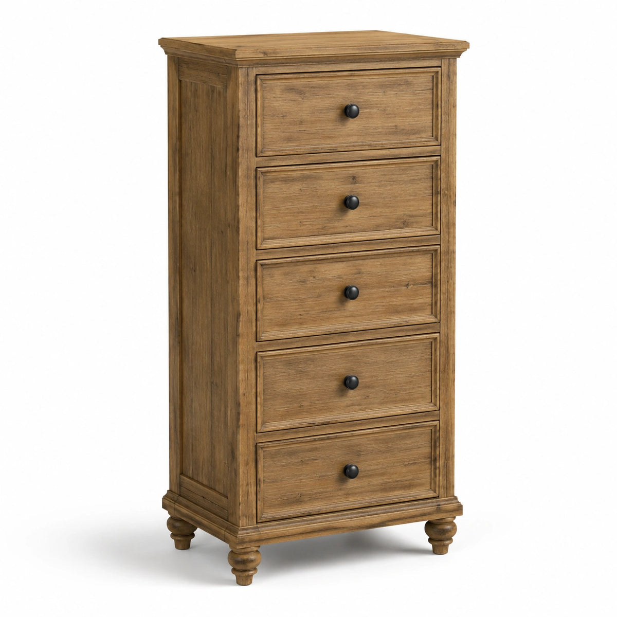 Hohe Schubladenkommode im Landhausstil mit 5 Schubladen, 65 × 45 × 130 cm, Braun und Schwarz