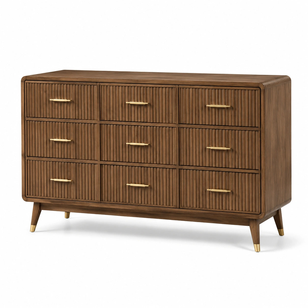 Kommode mit 9 Schubladen, 150 × 45 × 90 cm, Dunkelbraun/Gold, gerillte Fronten im Retro-Stil
