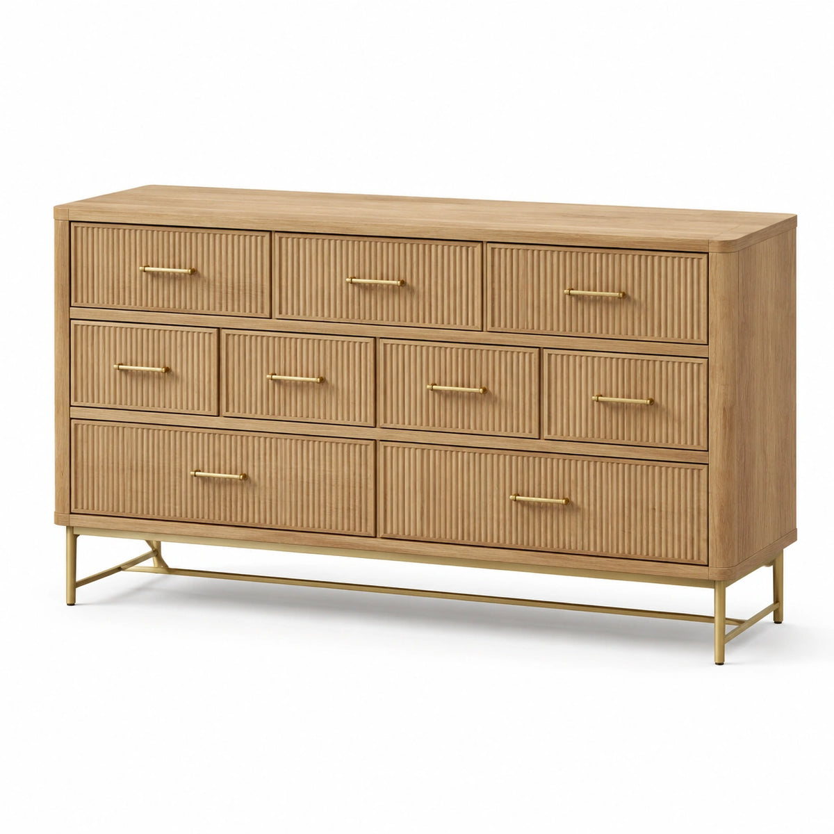 Moderne Kommode mit 9 Schubladen, 140 × 40 × 85 cm, Naturholz und Gold