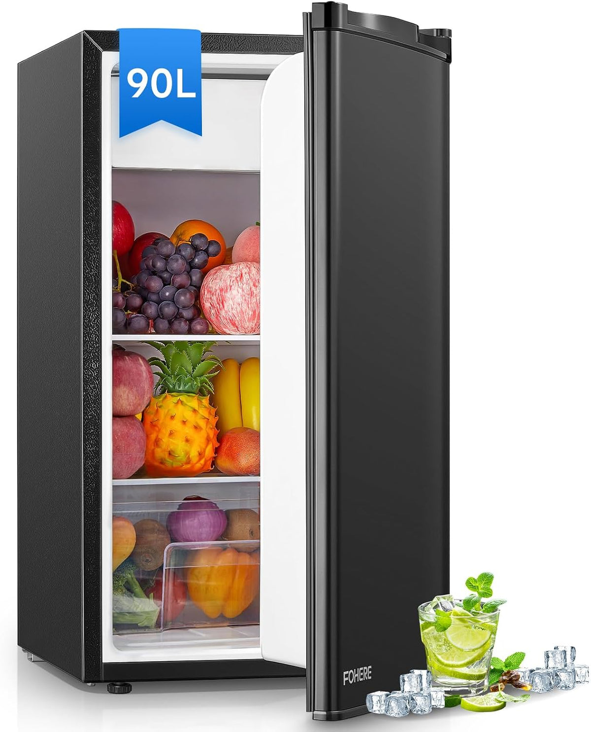 FOHERE Mini-Kühlschrank, 90 L, Schwarz, Kühlschrank mit Gefrierfach Klein & Gemüsefach, Ultra-Leiser Mini Kühlschrank für Schlafzimmer/Büro