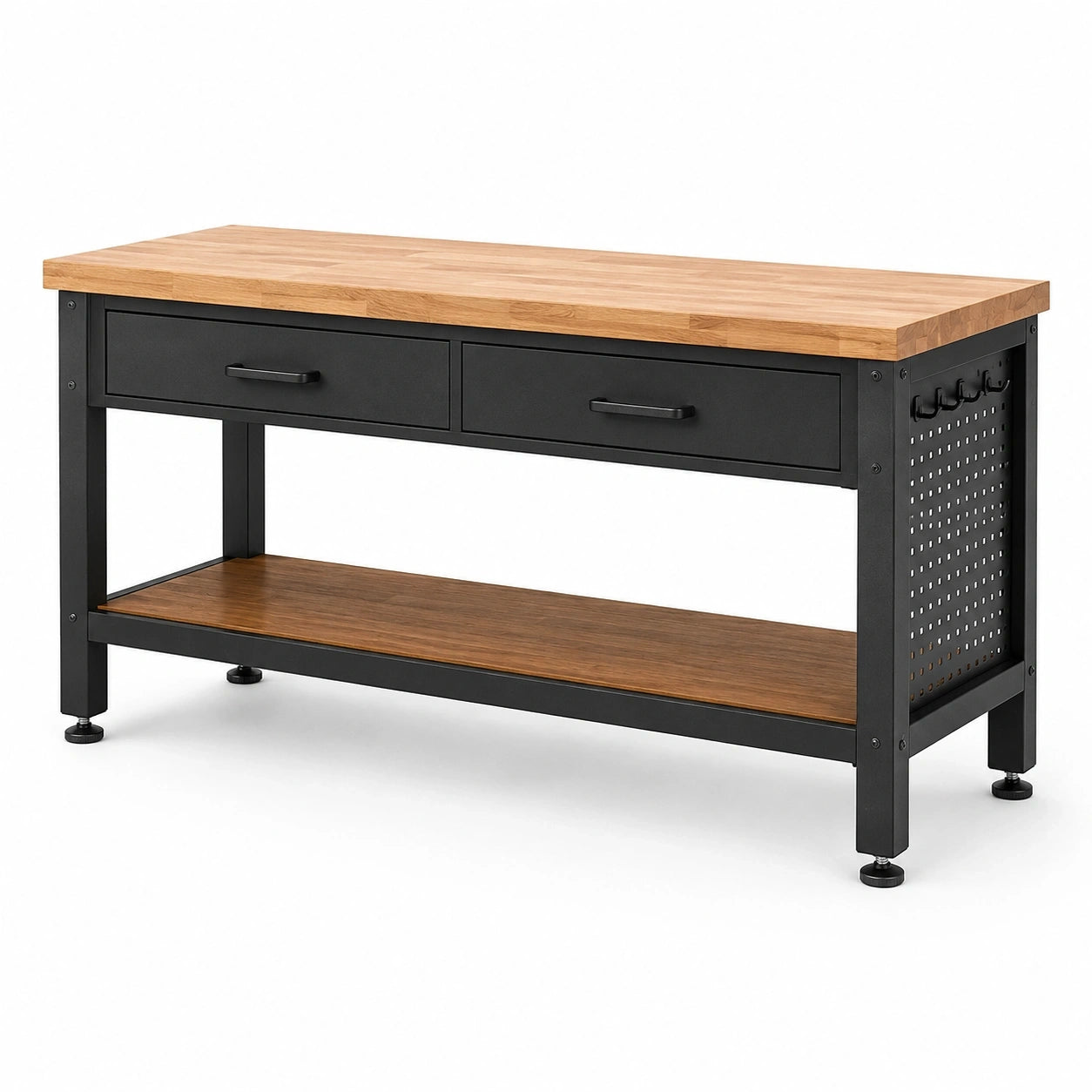 Werkbank aus Holz und Stahl mit 2 Schubladen, Ablage und Lochwand, 120 × 60 × 90 cm, Natur/Schwarz/Braun