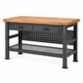 Werkbank aus Holz und Stahl, 120 × 60 × 90 cm, Natur/Schwarz, mit 2 Schubladen, Lochwand und Gitterablage